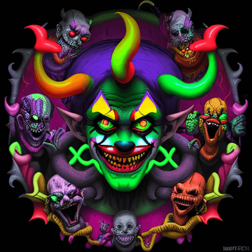 AI generated: Smiling Demonic Clown Surrounded By Monsters, A Dark Fantasy in Escher's Style, Neon Multicolored Gr...