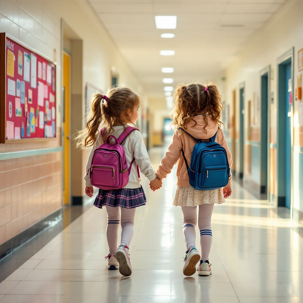 AI generated: Two girls are walking hand in hand in a school hallway