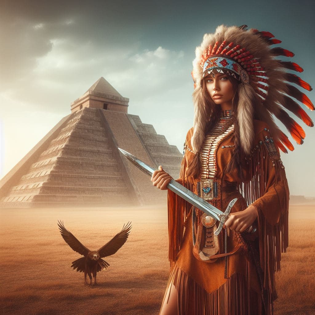 AI generated: a woman in a native american costume standing in front of a pyramid with a sword in her hand and a h...