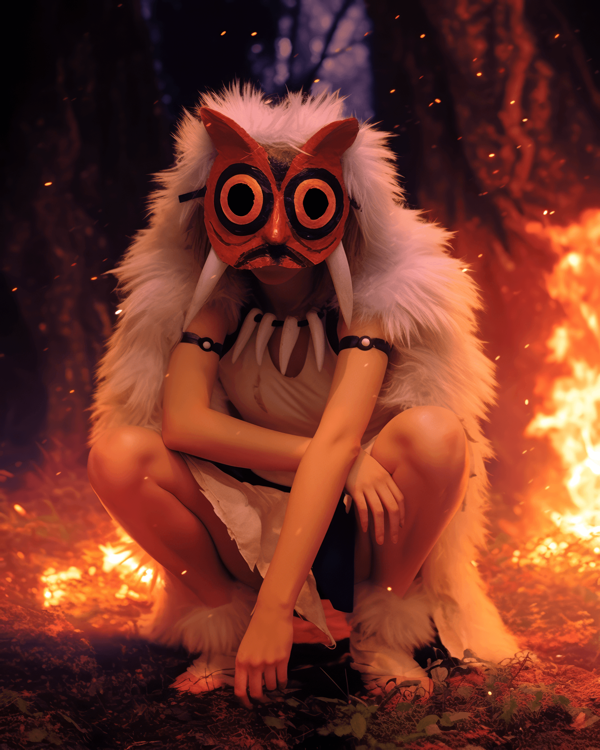 AI generated: A photograph of a real-life Princess Mononoke, wearing a white fur suit and a red mask with large or...