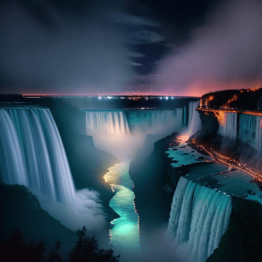 AI generated: Bask in the awe-inspiring majesty of Niagara Falls as night descends, transforming this natural wond...