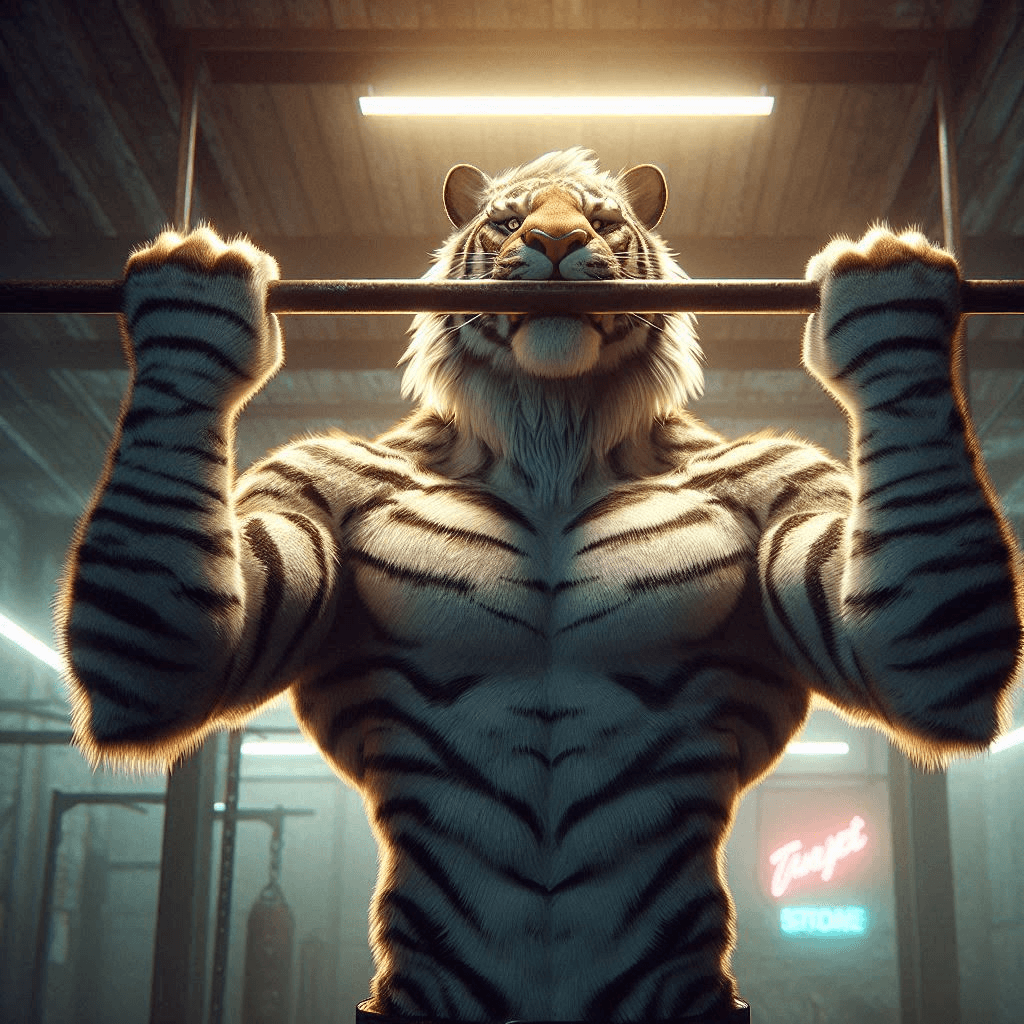 AI generated: Close-up professional cinematic 3D animation of a long-furred tiger man gripping a pull-up bar in a ...