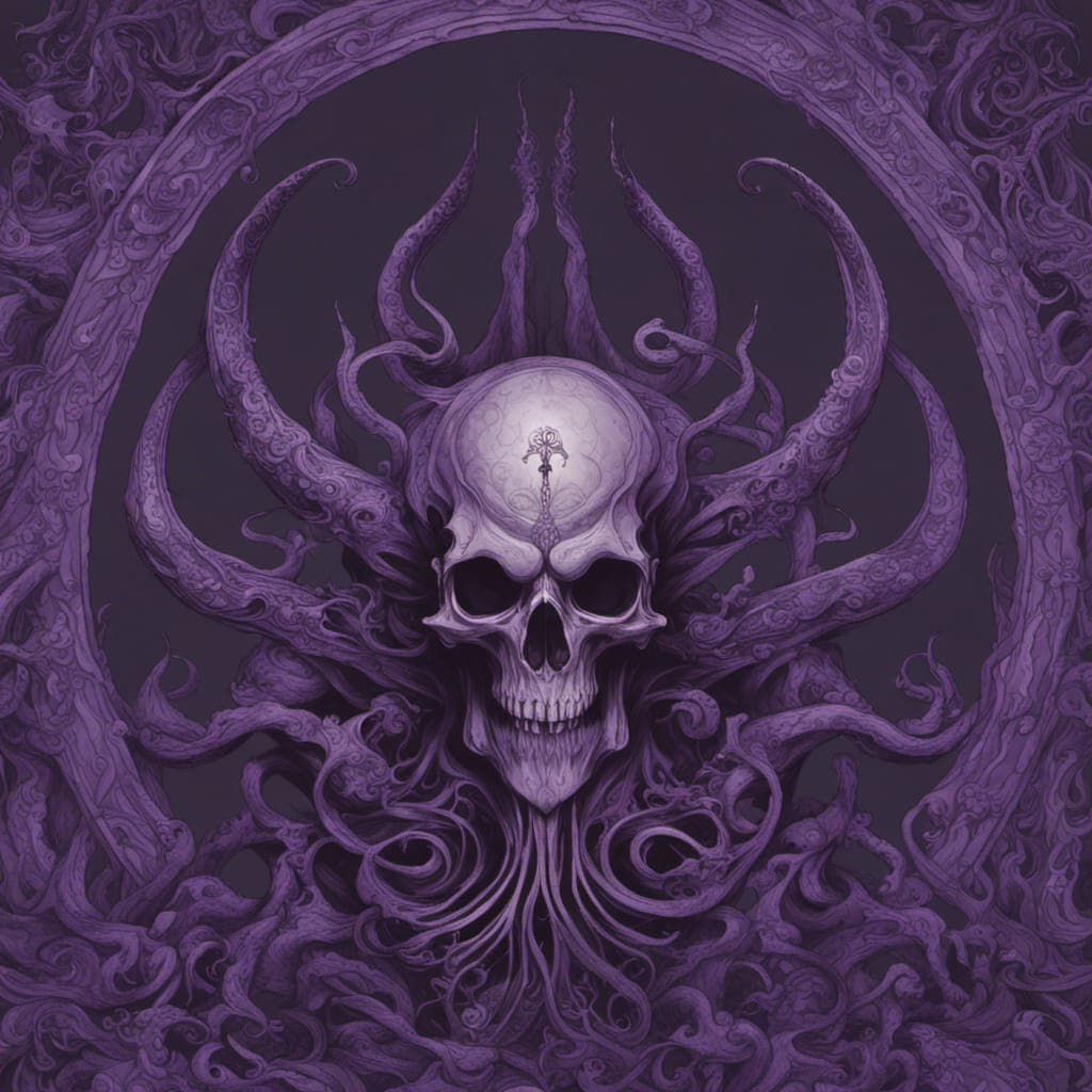 AI generated: beautiful Mindflayer, skulls, tentacles, dark and purple atmosphere, detailed linework, cinematic, p...