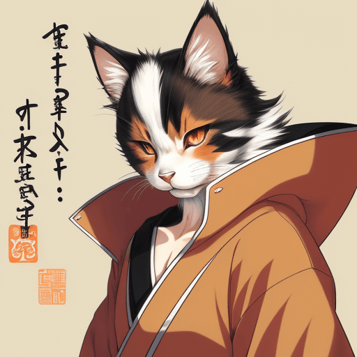 AI generated: a japanese, anime- styled picture of an anthropomorphic furry cute male calico cat