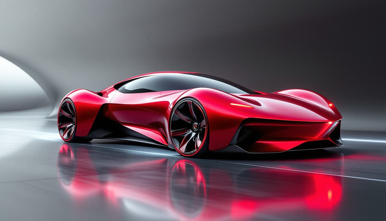 AI generated: "A futuristic car, rendered as lush digital art, showcases a sleek, aerodynamic design with curved l...