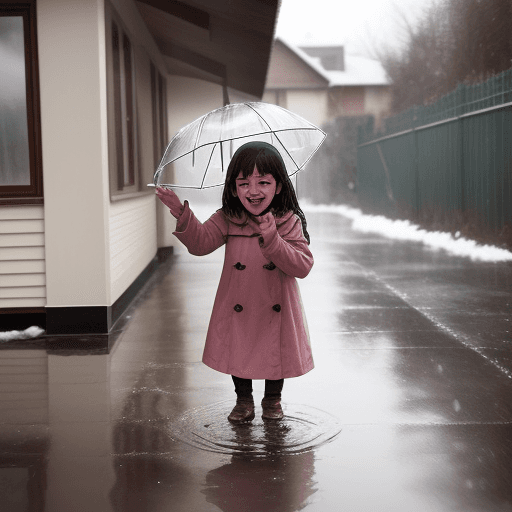 AI generated: Beautiful winter time one child playing with rain in out side of her home and all neigbours being ha...