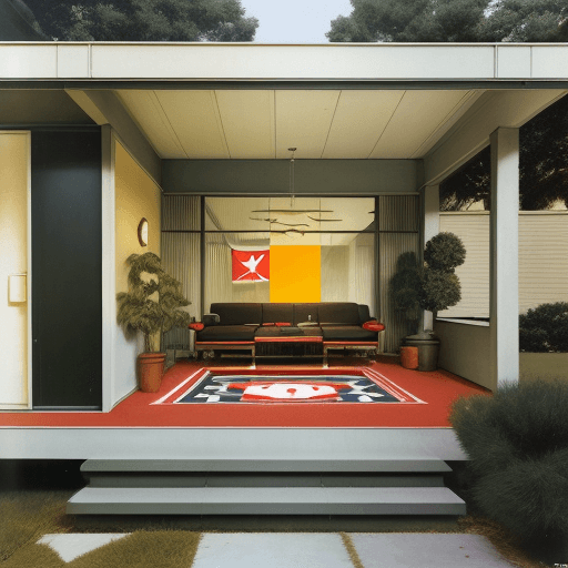 AI generated: Hyper realistic eye level exterior photo of a mid centurylighting, AD magazine, Frank Lloyd, cat and...