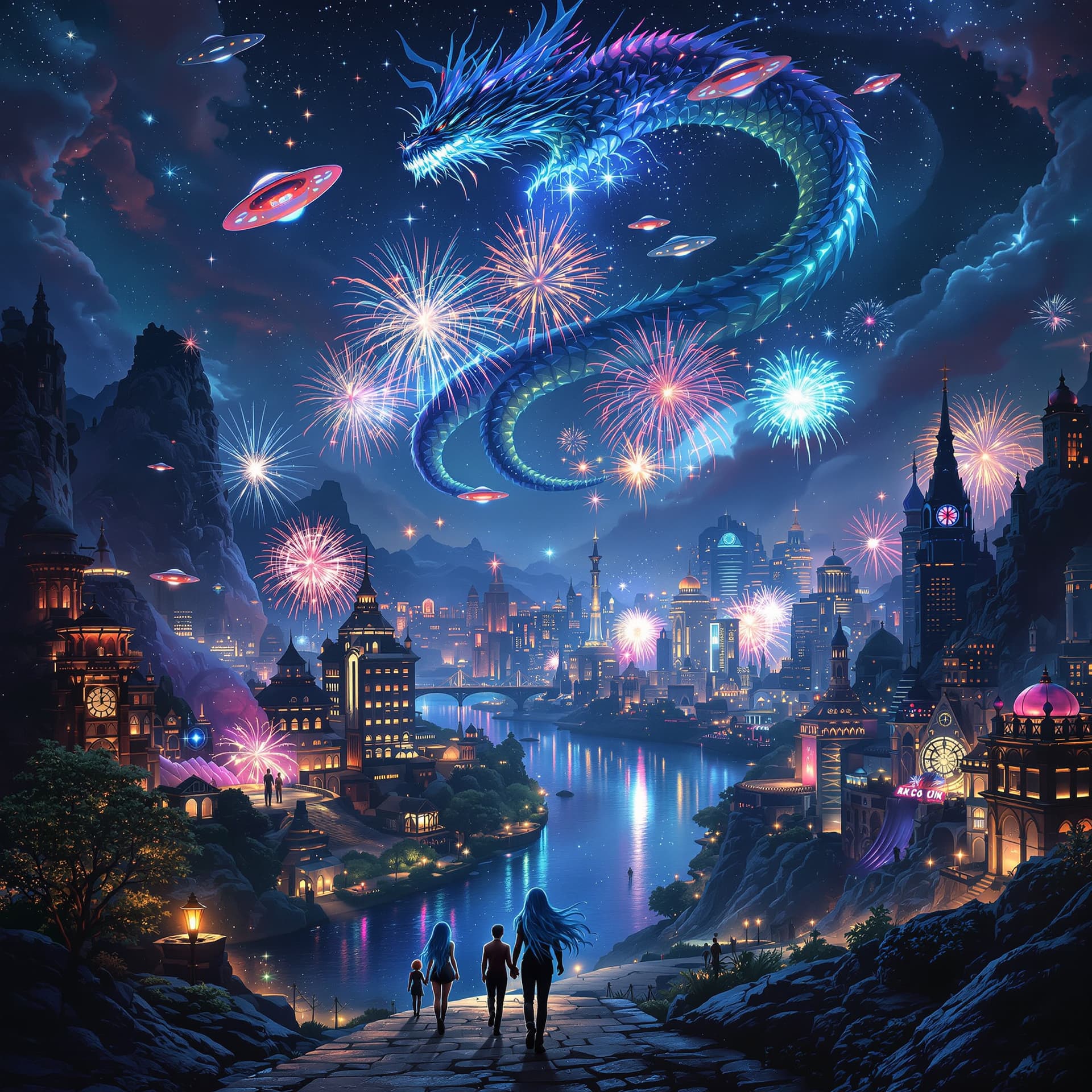 AI generated: Surrealistic, psychedelic. deep color and high detail. A futuristic world at night with dragons flyi...