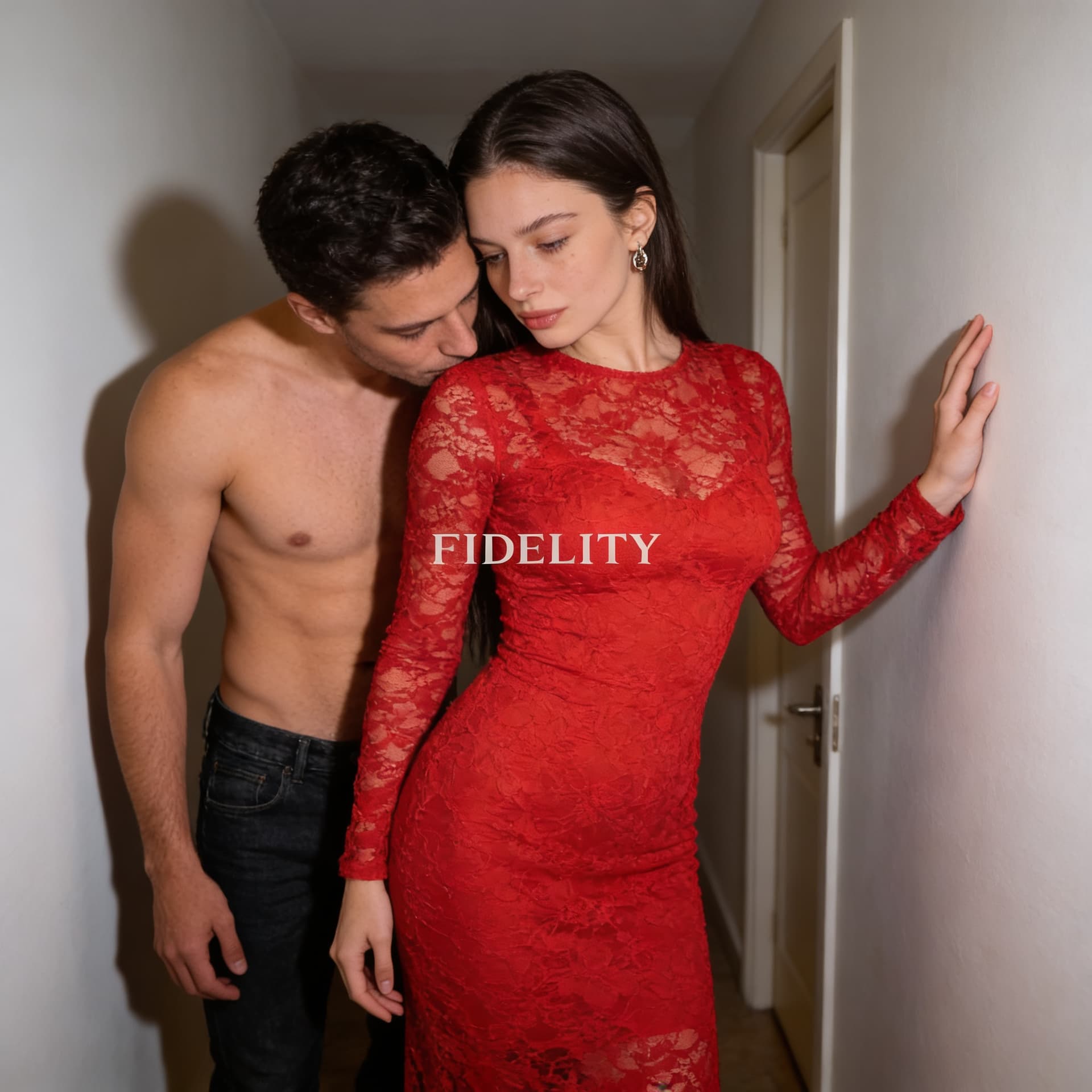 AI generated: A woman wearing a fitted red lace dress stands indoors, facing a wall with one hand resting against ...