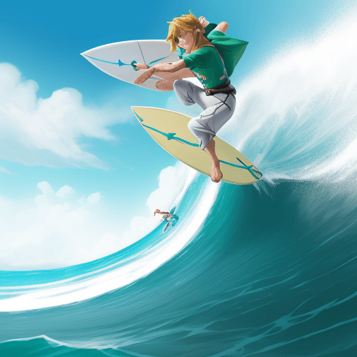 AI generated: link qui tient une truite et qui fait du surf