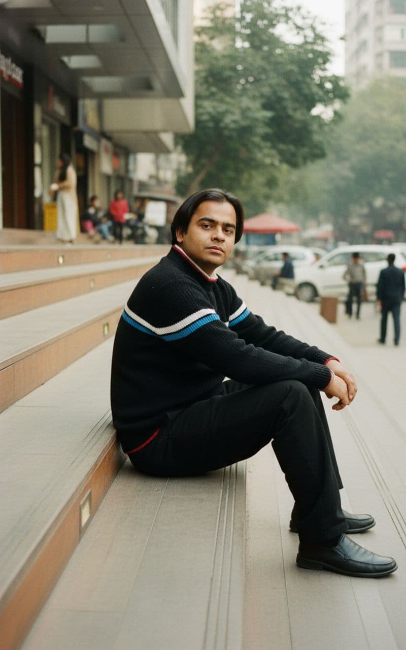 AI generated: Outdoor shot of a man in background of new friends colony cc market( new delhi)  (referencing the up...