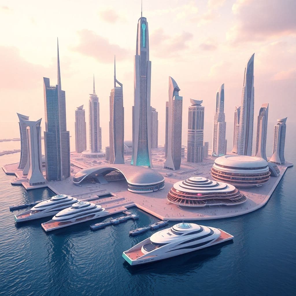 AI generated: 3D future city with tall buildings and futuristic architecture, futuristic seaport with floating doc...