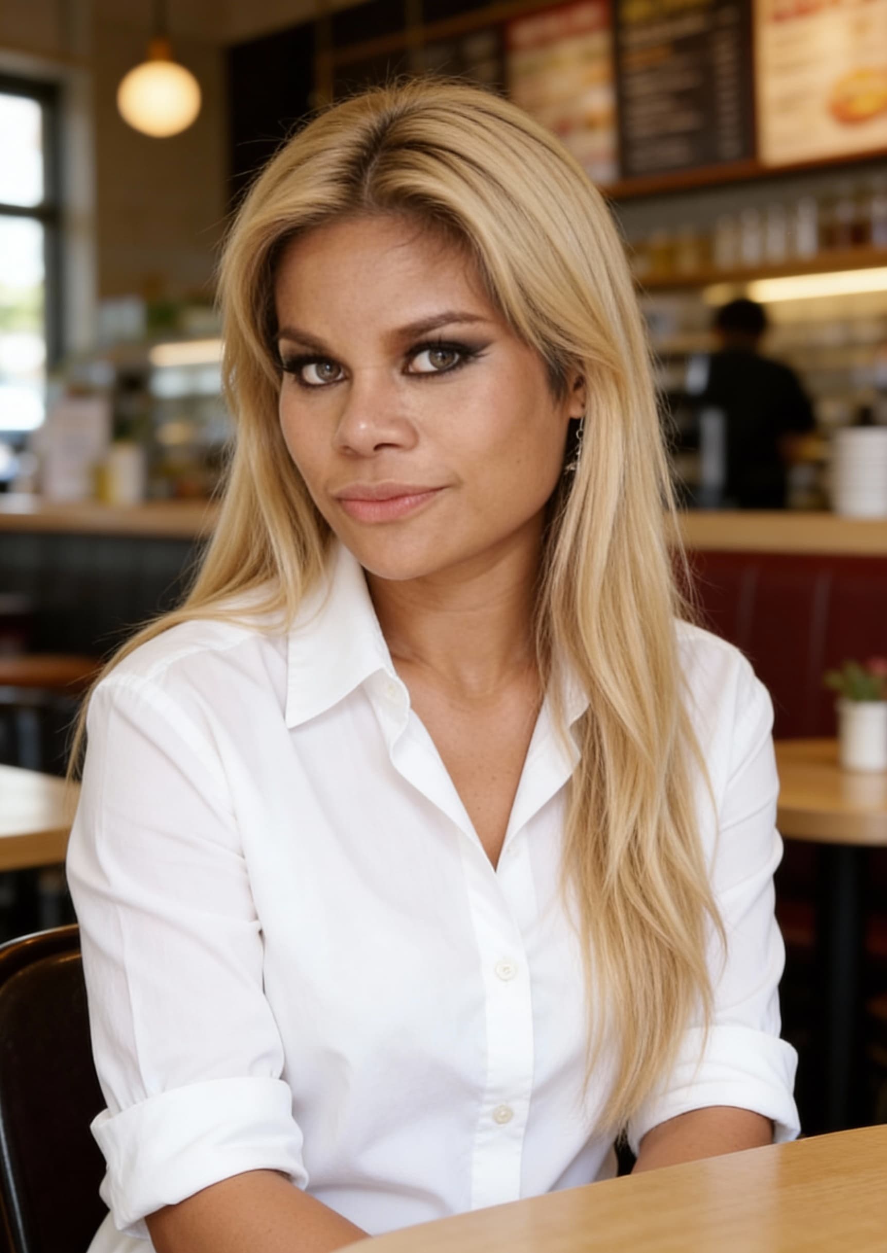AI generated: Photo of beautiful woman, in a white shirt, with long blonde hair, sitting in a cafe, with sharp foc...