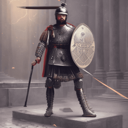 AI generated: a Roman soldier in his battle gear, wearing all star sneakers and doing skateboarding stunts, intric...