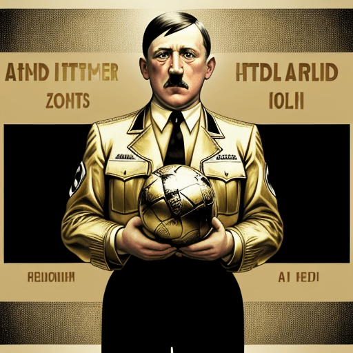 AI generated: Adolf Hitler winning Ballon d'Or. Coloured, golden ball. high contraste
