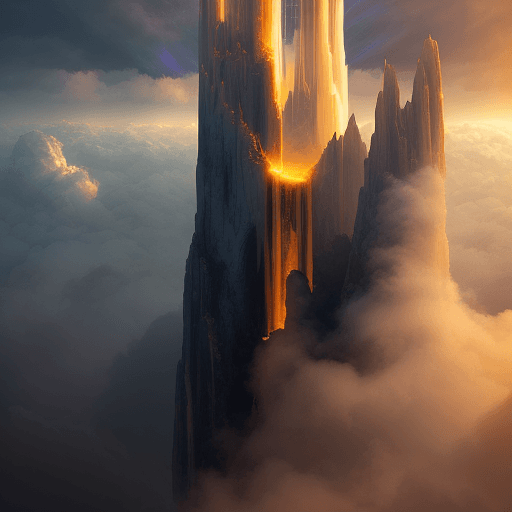 AI generated: Create an image featuring a vertical, ethereal landscape with a central beam of light cascading down...