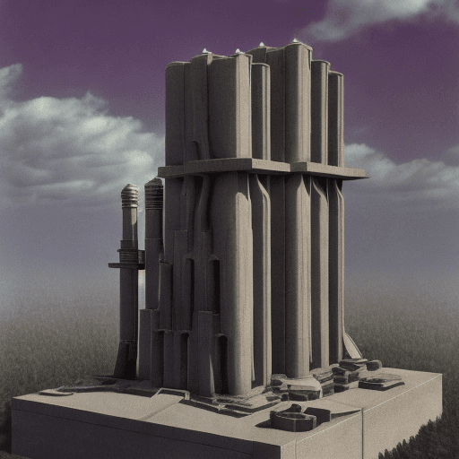AI generated: brutalist temple to the nuclear gods with statues, industrial detailed, nuclear plan, under a purple...
