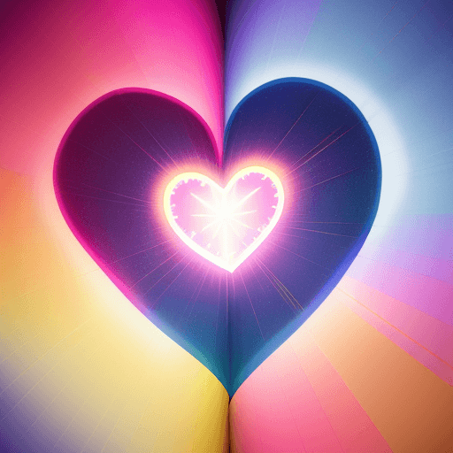 AI generated: A big heart in the middle of the page with a bauble decoration around it with bright pink yellow blu...