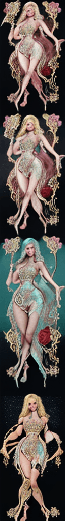 AI generated: dreamlikeart, a young happy blonde girl in a cosmic dress, marvelous and stunning, full-body tattoos...
