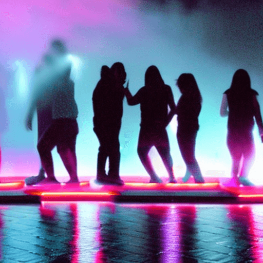 AI generated: misty lit with smoke and fog neon night club, crazy night dance at the night club, crowded party eme...