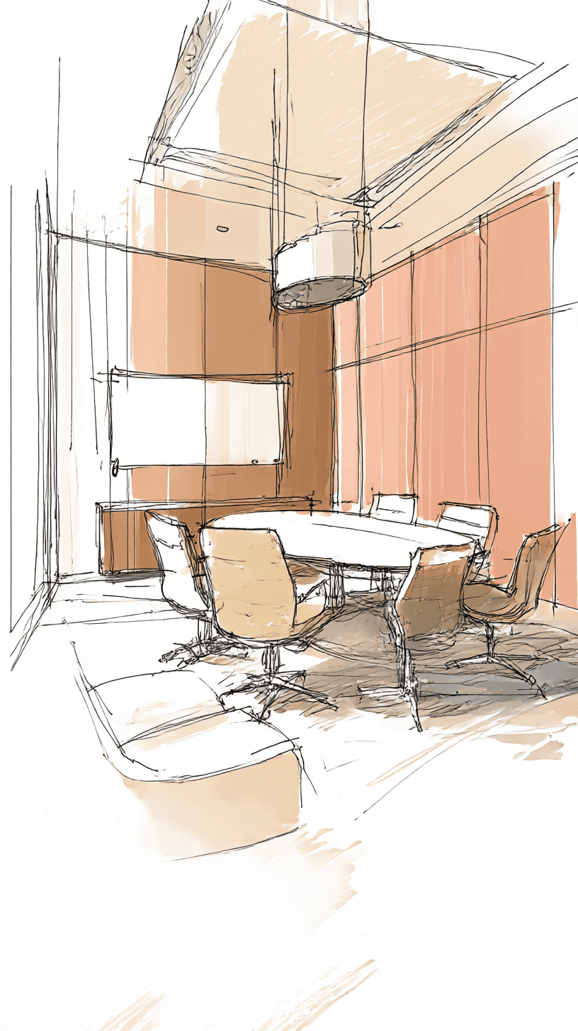 AI generated: ideation sketch, concept meeting room interior, minimalist --ar 9:16 --v 7 --draft