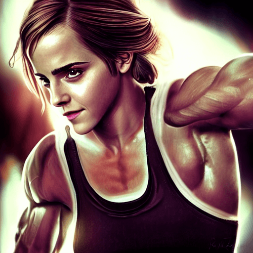 AI generated: Emma Watson as muscular bodybuilder, bodybuilding woman, wheyfu, digital art, artstation, highly det...