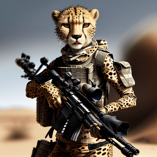 AI generated: Clever cheetah wearing camouflage and sniper gear, holding a sniper rifle, anthropomorphic, super de...