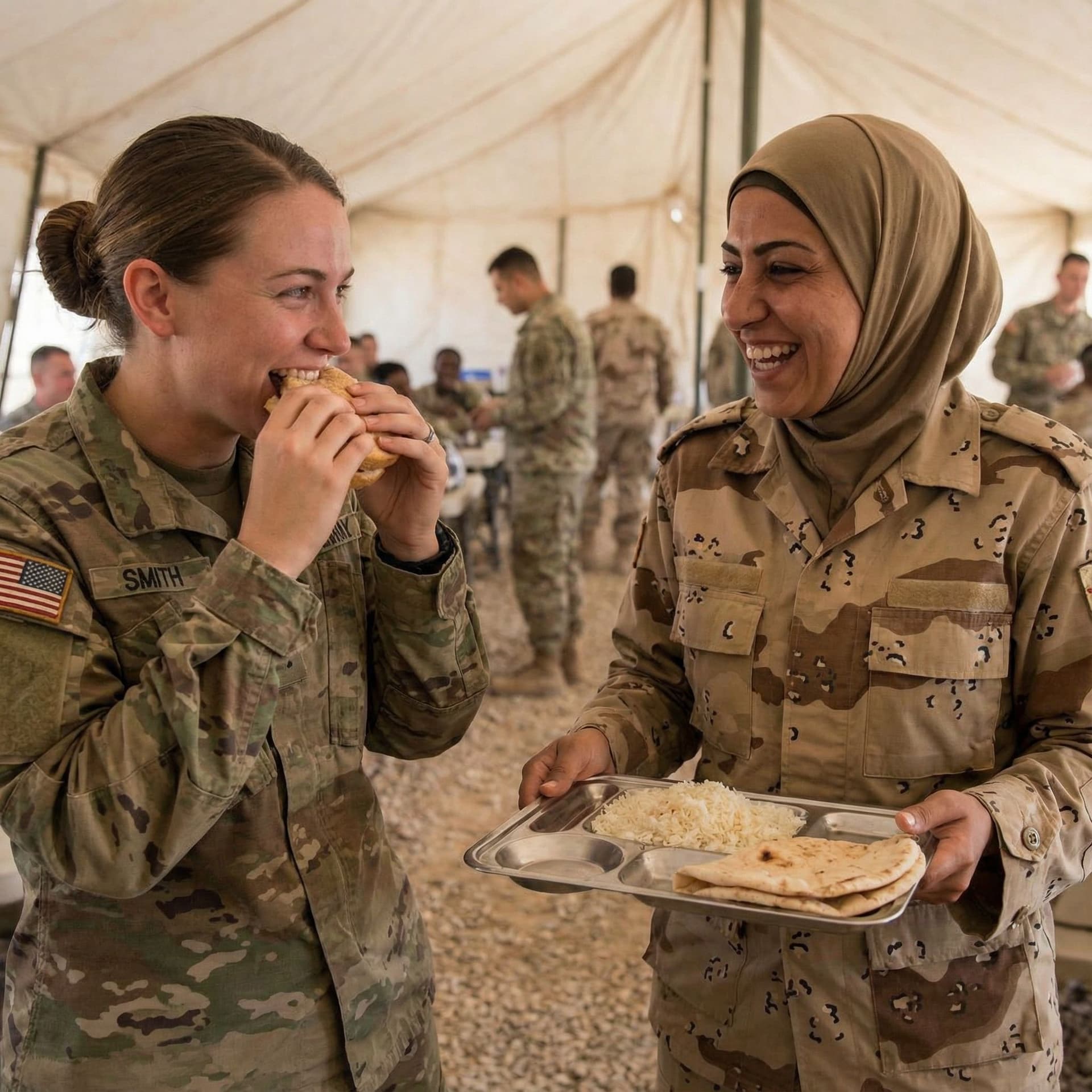 AI generated: Female, Military soldier, eating Arab female soldier 