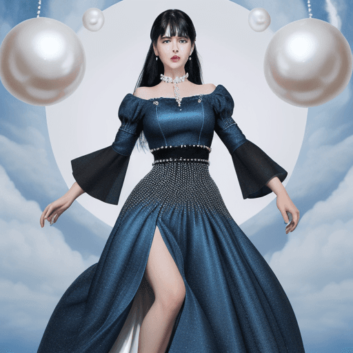 AI generated: A white female with blue eyes and black hair wears a long dress with a large skirt and three-quarter...