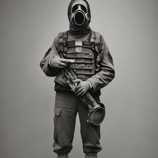 AI generated: A photo of a soldier wearing a gasmask, distressed, sephia