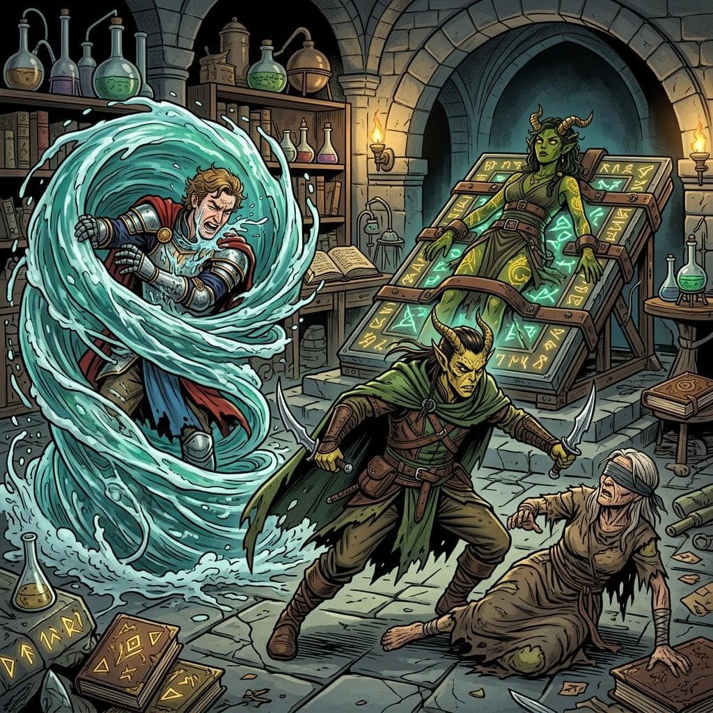 AI generated: a male githzerai ranger attacking with two daggers a blind old woman with no eyes while a noble knig...