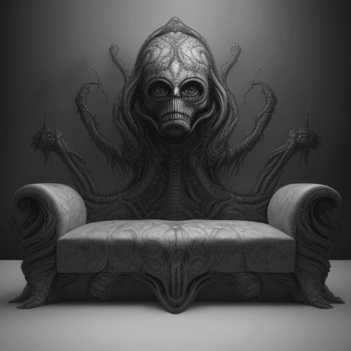 AI generated: huge HR Giger style couch, concept furniture, painting on grey, hyper realistic, illustration, digit...