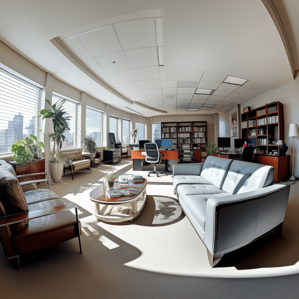 AI generated: Office interior, professional, panoramic shot, smartphone camera, afternoon, wide-angle lens, corpor...