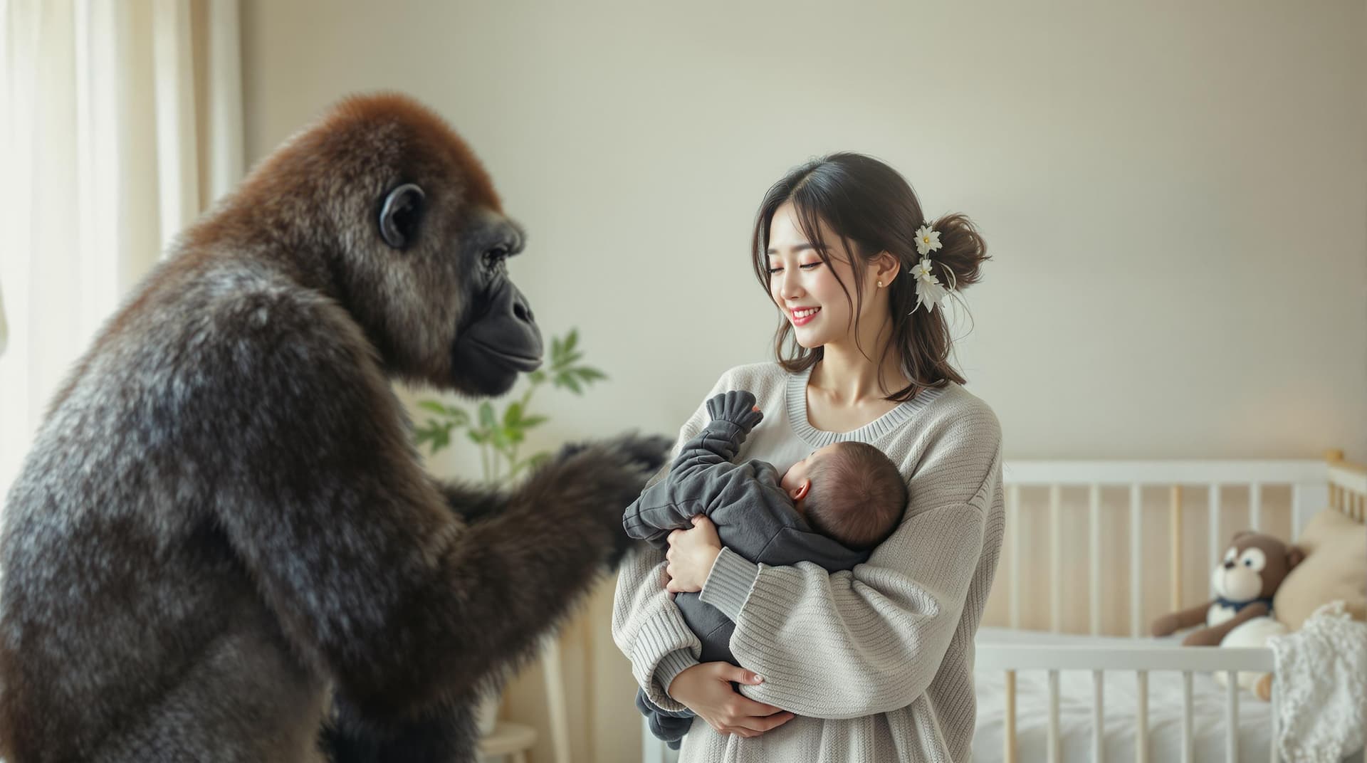 AI generated: Promotional modeling shot of a 30 year old Korean mother holding her baby in her arms, with a gorill...