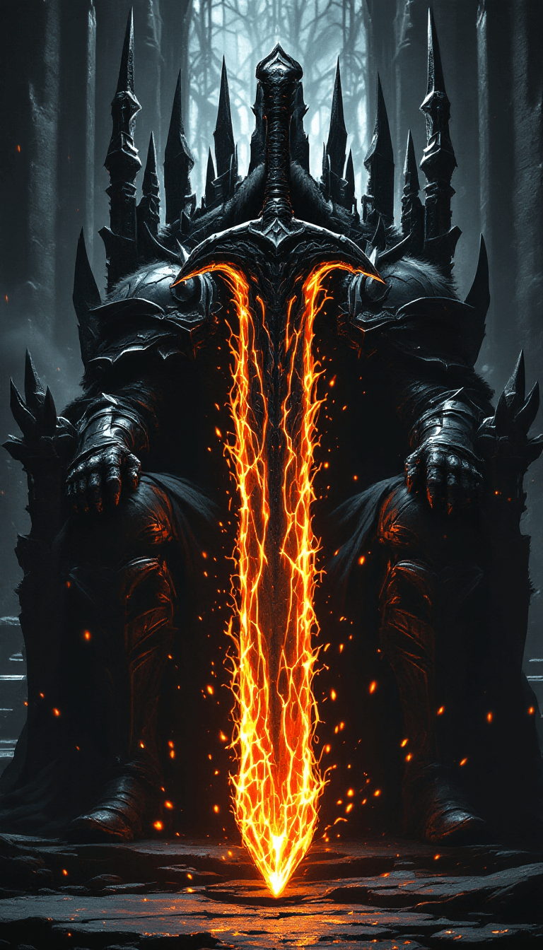 AI generated: A **fearsome dark-armored warrior** sits with formidable poise upon a towering **gothic black throne...