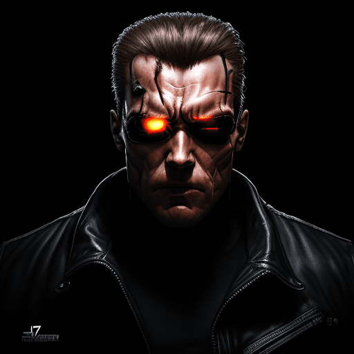 AI generated: Terminator T-800, atmosphere of darkness and horror, in the style of wallpaper portraits, realism, m...