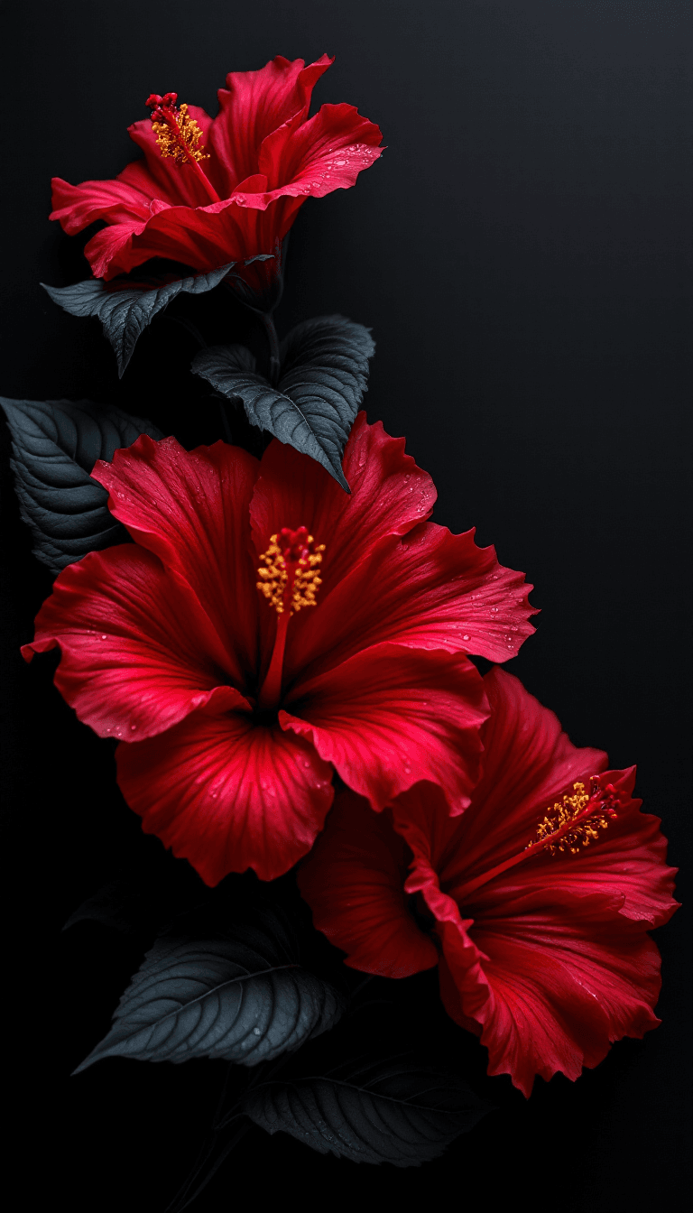 AI generated: A hyper-detailed close-up of elegant hibiscus flowers in a stylized botanical arrangement, deep crim...