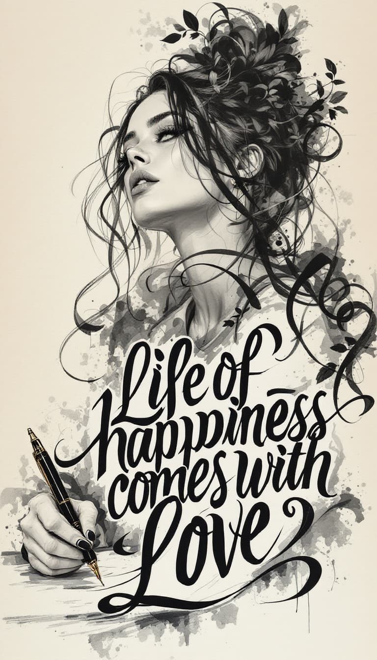 AI generated: Calligraphic Typography, Expressive Letters, Bold Text, Powerful, blone Woman Holding a Pen Writing,...