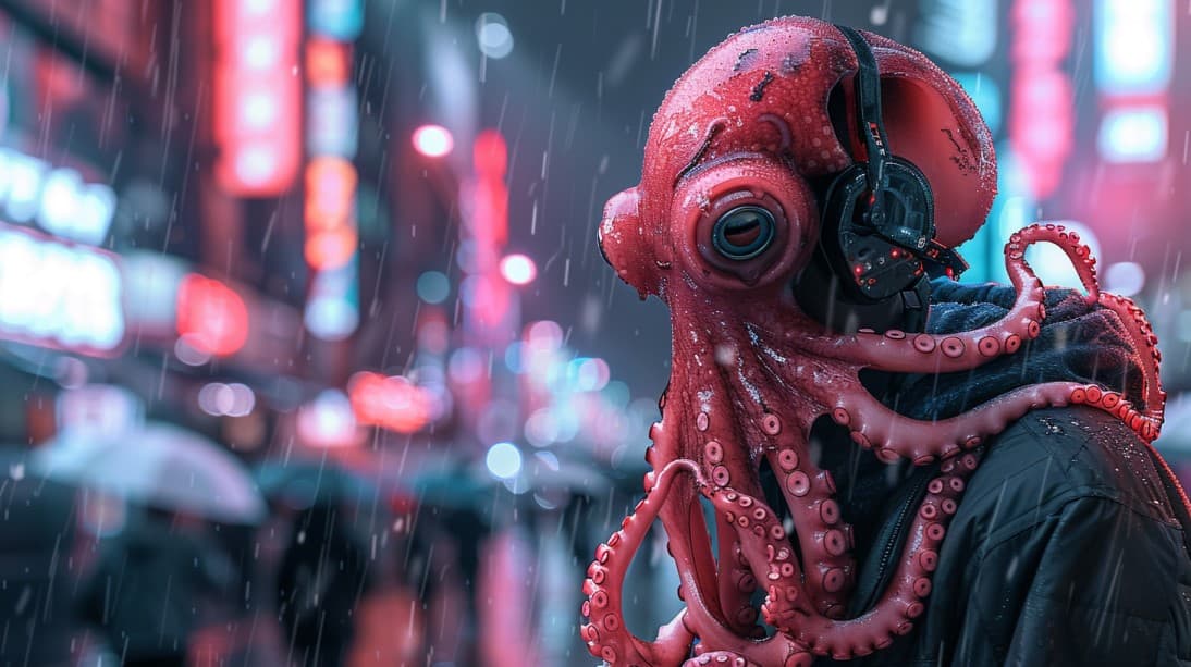 AI generated:  A cyberpunk man with an octopus for a head | standing in a neon city | rain, Cyberpunk, Street phot...