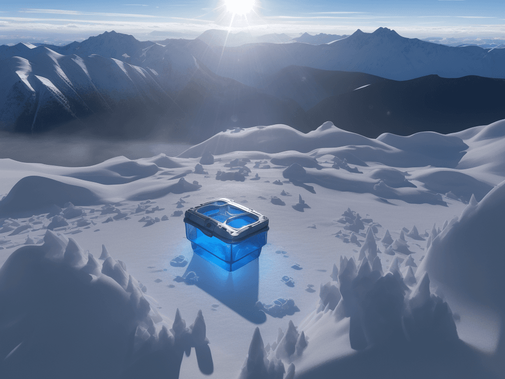 AI generated: Picture a blue Wewon's environmental chamber is placed on a snow-capped mountain peak. reaching the ...