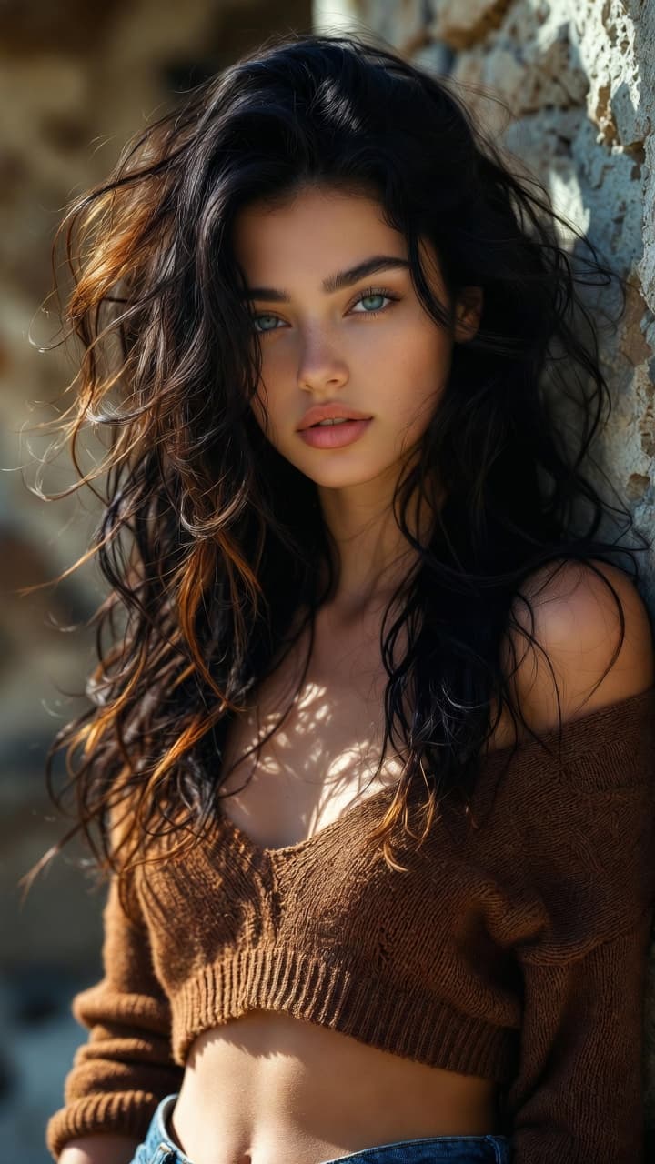 AI generated: Ultra-realistic portrait photography of a stunning young woman with striking blue-green eyes, flawle...
