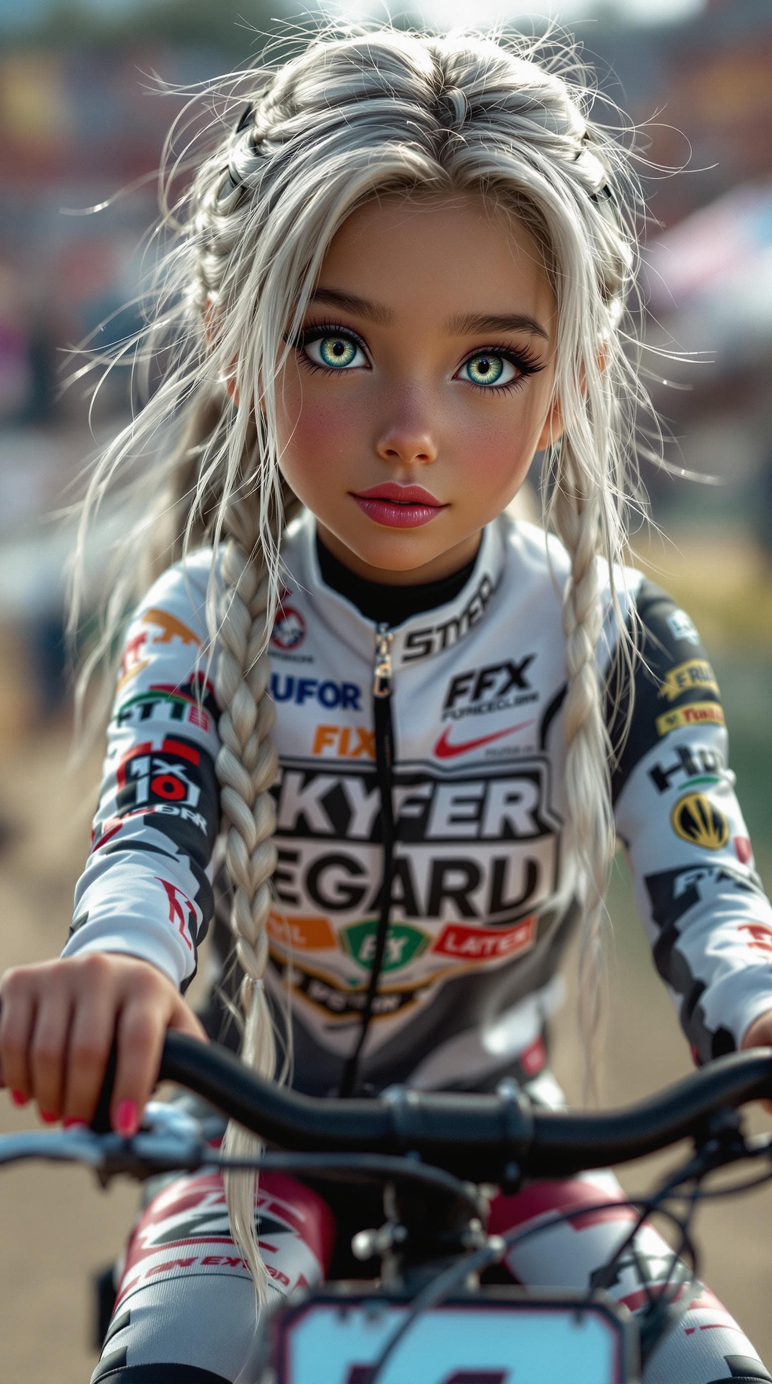 AI generated: A professional portrait of the most stunning 5th-grade girl in the world, a BMX dirt bike racer, dep...
