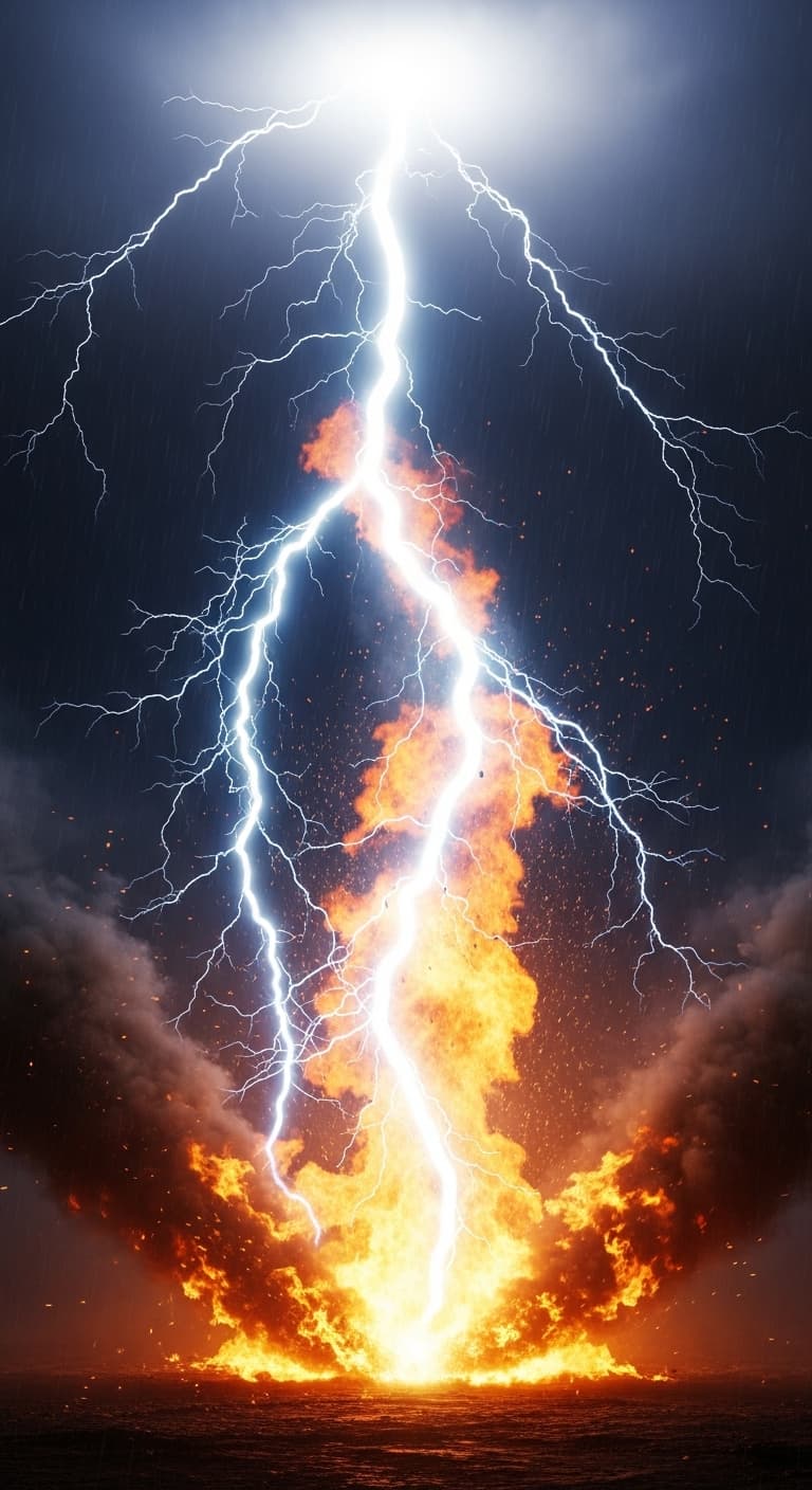 AI generated: 3d render of a single lighting strike, engulfed in fire