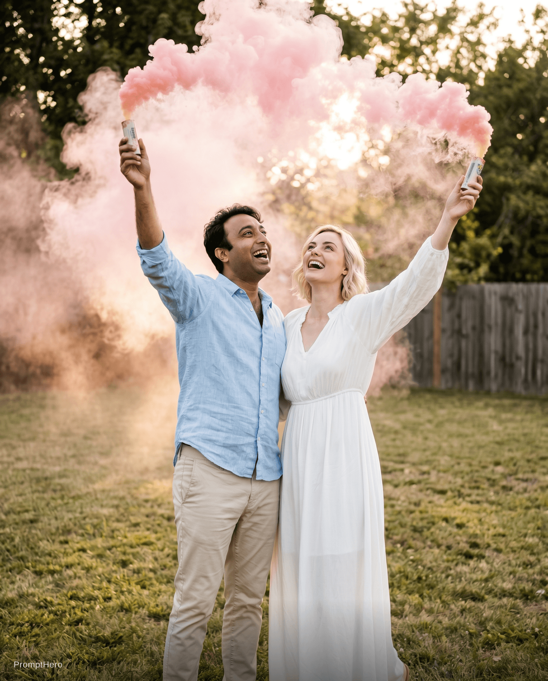 AI generated: Create a photo of a couple standing close together in an open grassy backyard, both holding a smoke ...