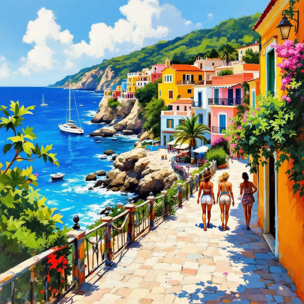 AI generated: cuba coast, oil painting, impressionist style, sunny day, colorful buildings with yacht in backgroun...