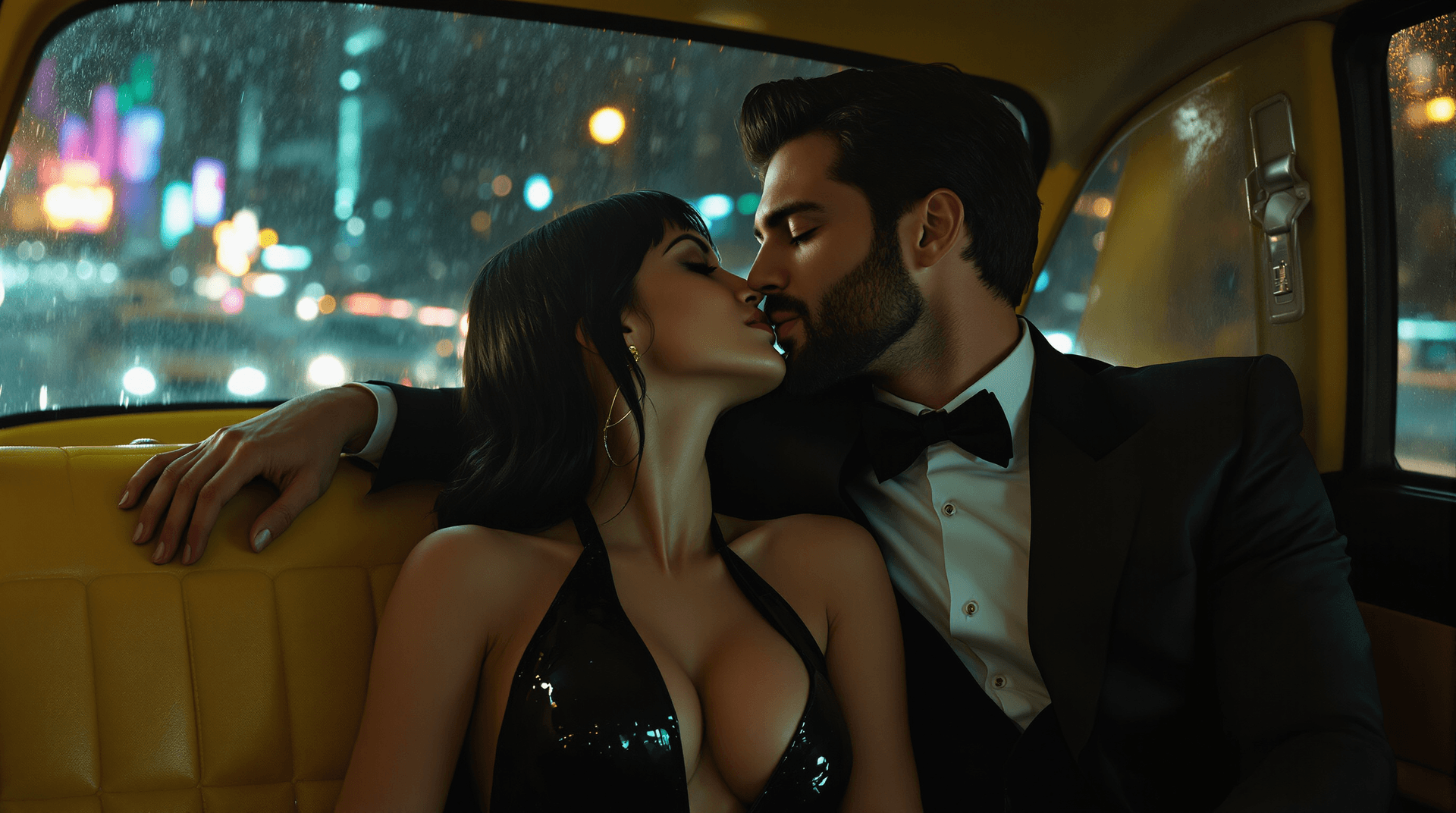 AI generated: Interior of a yellow cab at night. A Caucasian couple (Lilith and Jon) in the back seat. Lilith (plu...