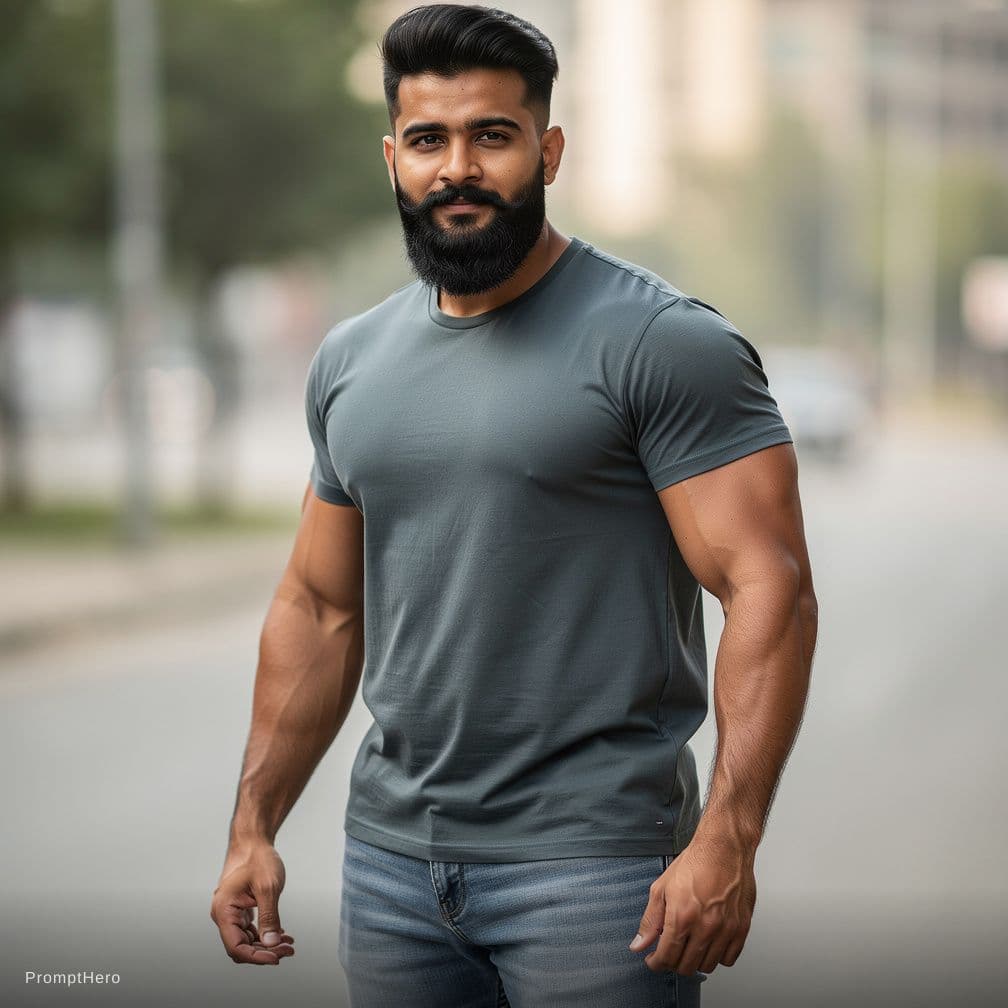 AI generated: Mujhe ek beard wala handsome  north Indian muscular man ki photo bana kar do Jisme bottom area hip b...