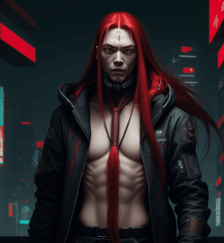 AI generated: Cyberpunk, Long Red tied Hair Man, Chinesse, High Resolution