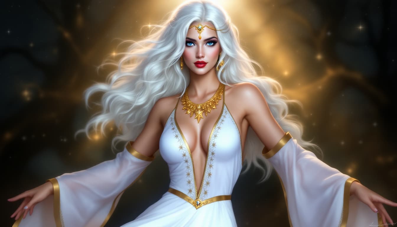 AI generated: a digital artwork of a woman with long white hair and blue eyes, wearing a white dress with gold tri...