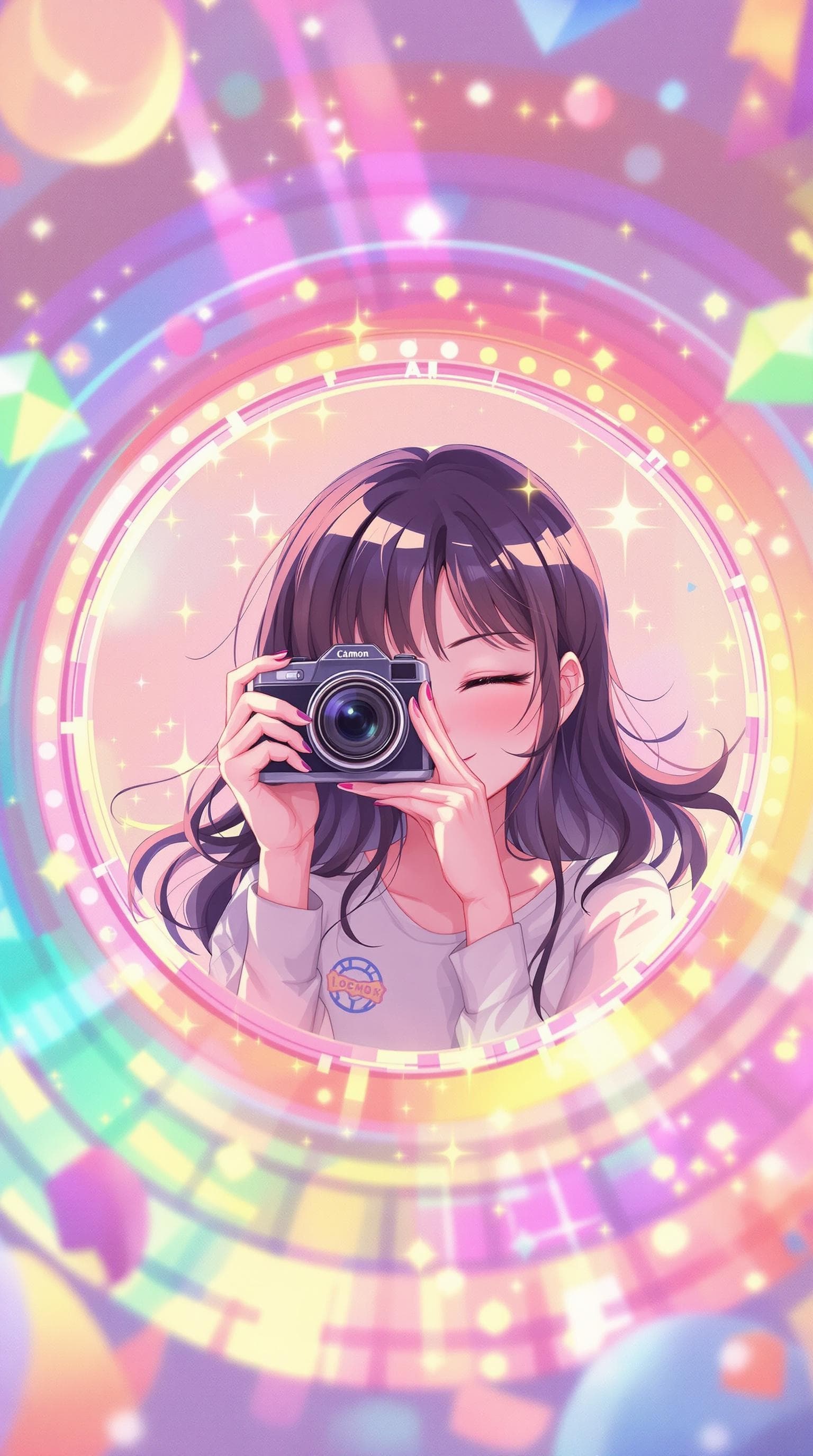 AI generated: A vibrant anime scene featuring a woman in a colorful circle, capturing a moment with a digital came...